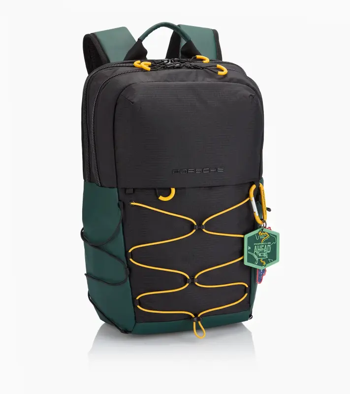 PORSCHE Backpack AHEAD M Batoh volnočasový na cesty černý se zelenými a žlutými prvky s přihrádkou na notebook