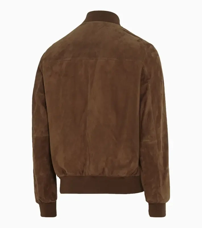 PORSCHE DESIGN Goat suede leather jacket Bunda kožená klasického střihu s detaiily z úpletu koňaková hnědá