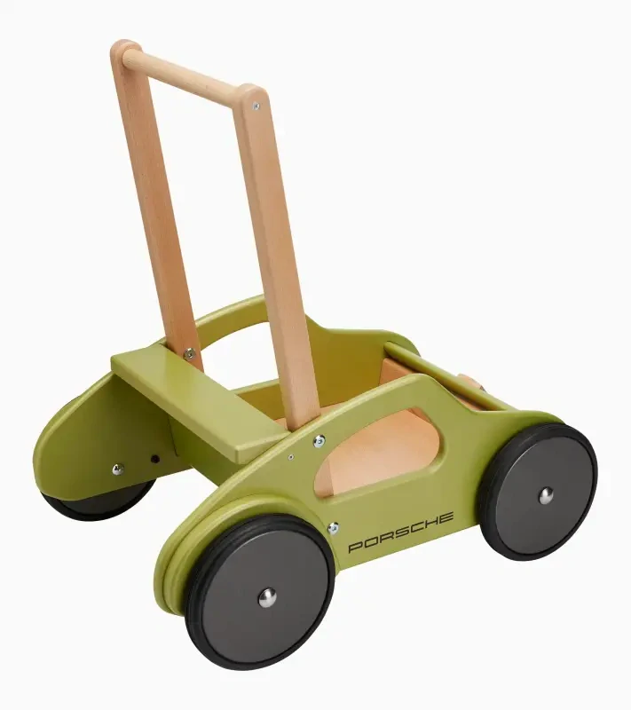 Porsche 911 baby walker Dětské chodítko s nákladovou plochou dřevěné v pastelově zelenkavé a znakem Porsche