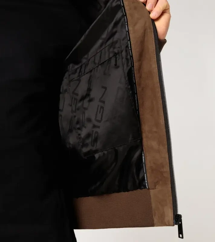PORSCHE DESIGN Goat suede leather jacket Bunda kožená klasického střihu s detaiily z úpletu koňaková hnědá