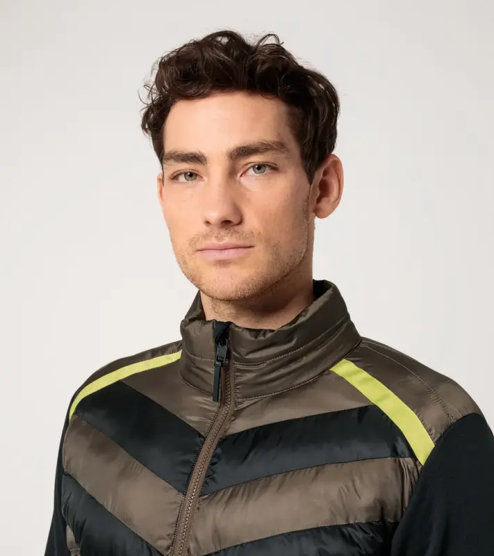 PORSCHE HEAD Midlayer Jacket Turbo Mikina střední vrstva sportovní lyžařská se stojáčkem hnědočerná se žlutými motivy a dvou materiálů