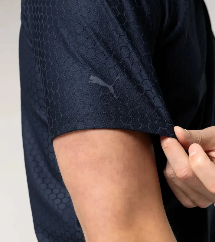 PORSCHE DESIGN Hexagon T-shirt Tričko volnočasové sportovní s kulatým výstřihem logem a šestihranným vzorem tmavě modrá