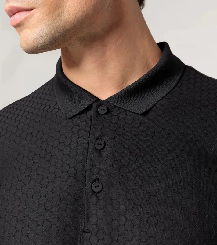 PORSCHE DESIGN Hexagon Polo Shirt Polokošile tričko s límečkem a knoflíčky se šestihranným vzorem černá