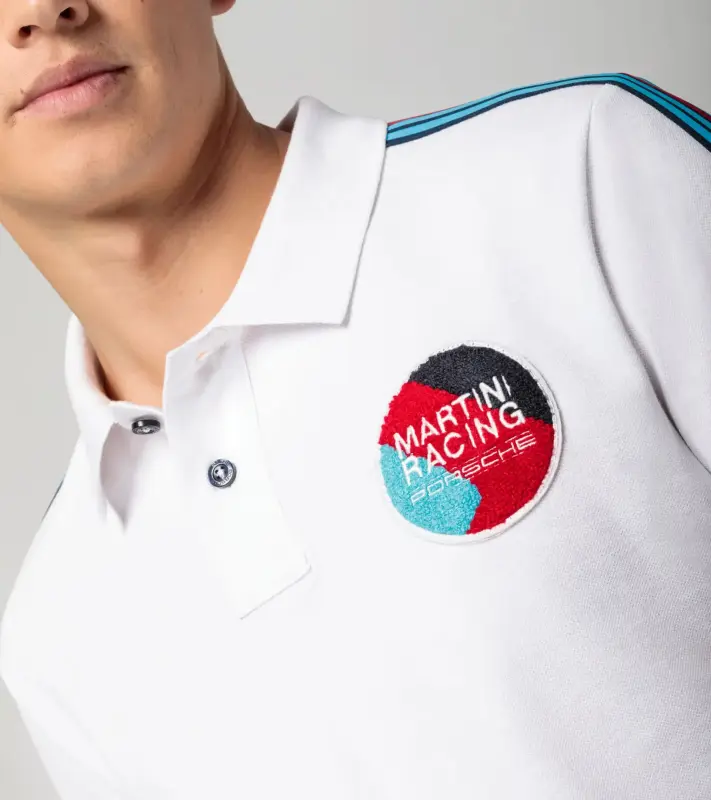 PORSCHE Polo Shirt MARTINI RACING® Polokošile Tričko s límečkem a knoflíky bílá s červenomodrými pruhy