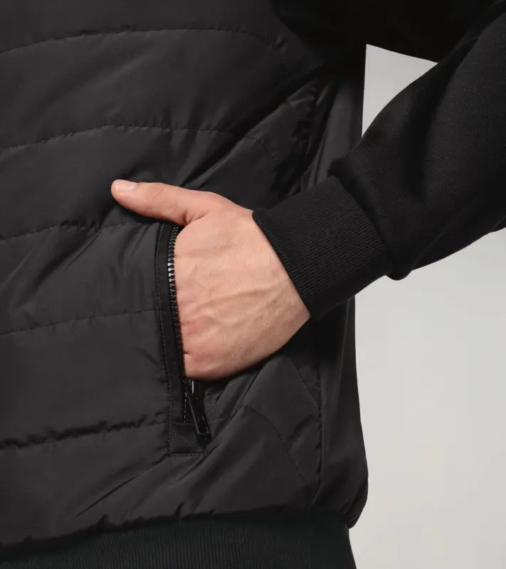 PORSCHE DESIGN Hybrid cardigan Mikina a rozepínací svetr na zip v jednom prošívaná ze dvou materiálů a úplety černá