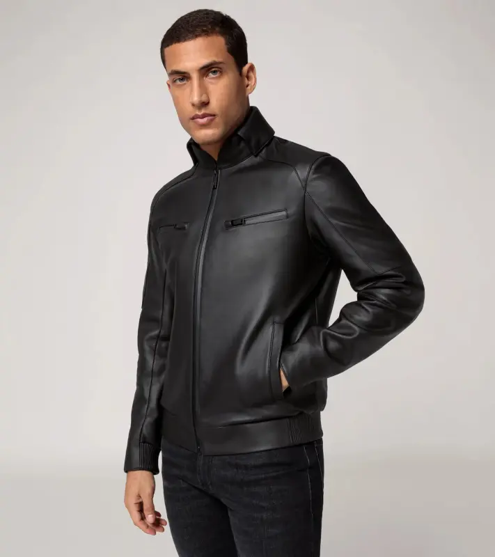PORSCHE DESIGN Cabrio leather jacket Bunda kožená s odnímatelným límcem a ikonickou žakárovou podšívkou černá