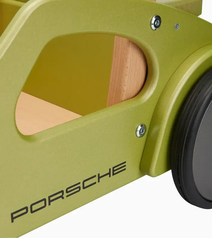 Porsche 911 baby walker Dětské chodítko s nákladovou plochou dřevěné v pastelově zelenkavé a znakem Porsche