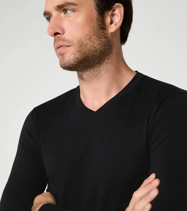 PORSCHE DESIGN Long-sleeve V-neck Shirt Tričko s dlouhým rukávem s výstřihem do V mírně elastické černá