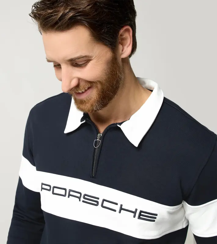 PORSCHE Unisex Retro Rugby Shirt Fan Community Svetr s límečkem a krátkým zipem ve stylu devadesátek tmavě modrá
