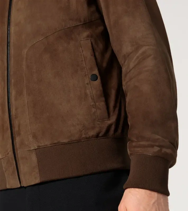 PORSCHE DESIGN Goat suede leather jacket Bunda kožená klasického střihu s detaiily z úpletu koňaková hnědá