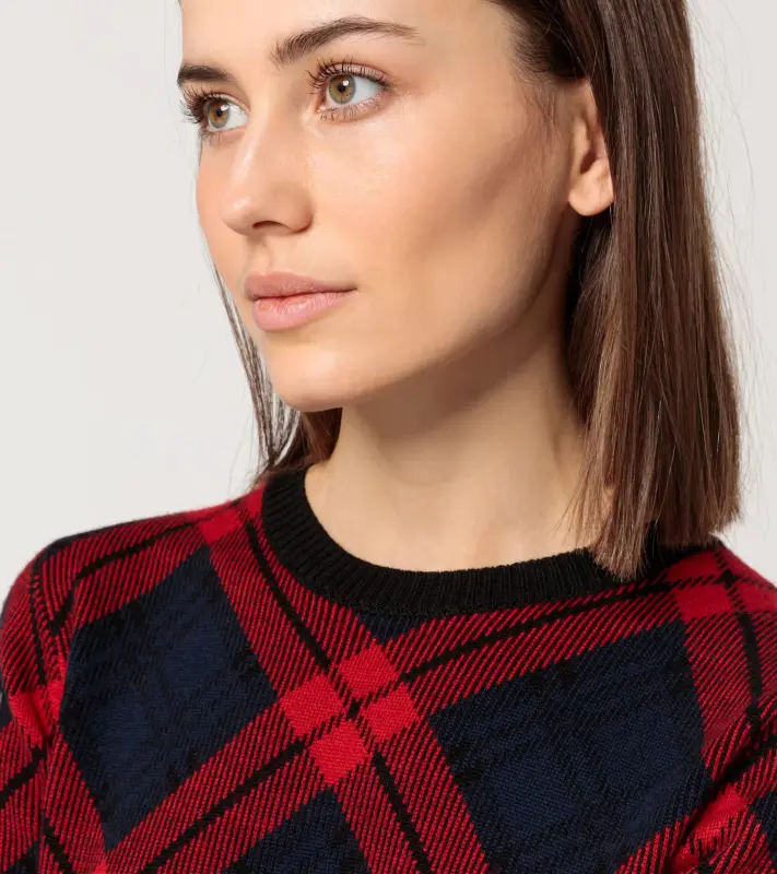 PORSCHE HEAD Women's Ski Pullover Turbo No. 1 Svetr pulovr dámský s výstřihem ke krku vhodný na lyže i běžné nošení červenočerná kostka
