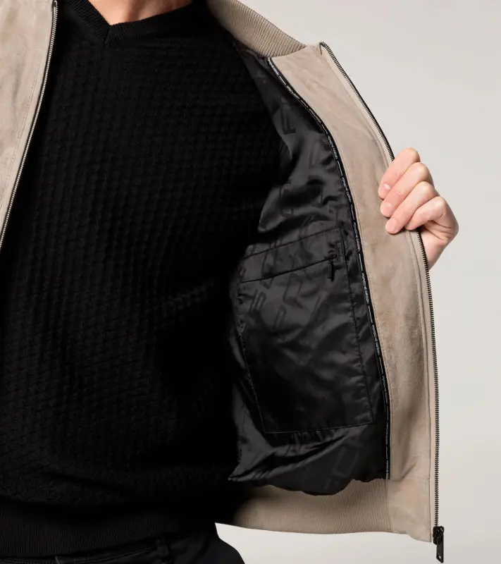 PORSCHE DESIGN Suede Leather Jacket Bunda kožená semišová klasického střihu s detaily z úpletu pískově béžová