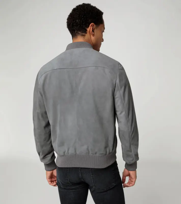 PORSCHE DESIGN Goat suede leather jacket Bunda kožená klasického střihu s detaily z úpletu světle šedá
