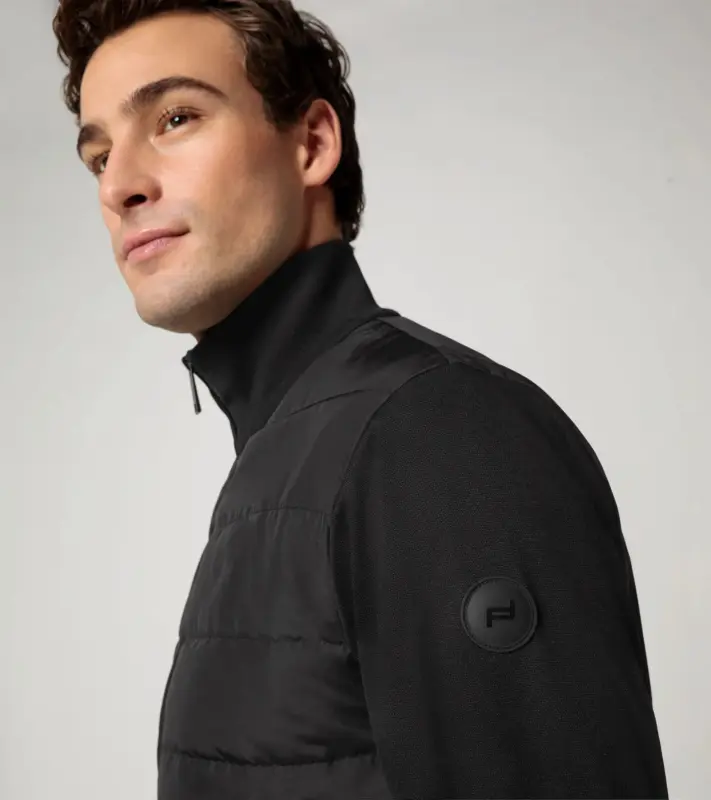 PORSCHE DESIGN Hybrid cardigan Mikina a rozepínací svetr na zip v jednom prošívaná ze dvou materiálů a úplety černá