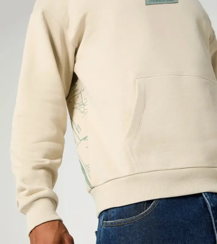 PORSCHE Unisex Urban hoodie Cayenne Electric Lifestyle Mikina klokanka s nášivkou a grafikou na zádech béžová
