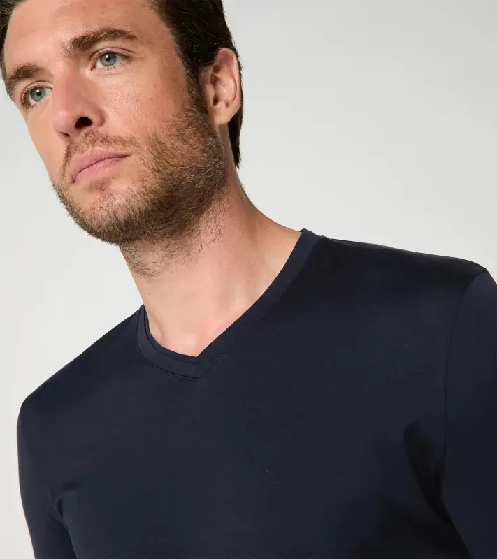 PORSCHE DESIGN Long-sleeve V-neck Shirt Tričko s dlouhým rukávem s výstřihem do V mírně elastické tmavě modrá