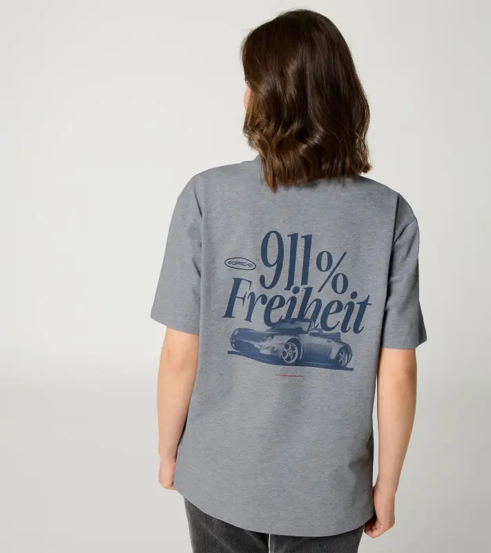 PORSCHE Unisex Retro T-shirt Fan Community Tričko ležérní s potiskem evokujícím devadesátky šedá