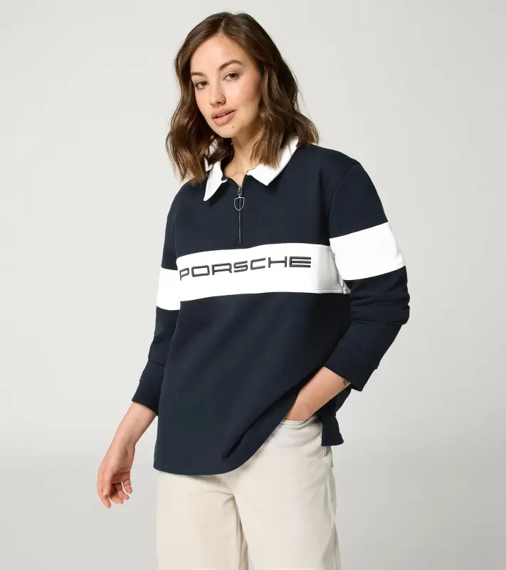 PORSCHE Unisex Retro Rugby Shirt Fan Community Svetr s límečkem a krátkým zipem ve stylu devadesátek tmavě modrá