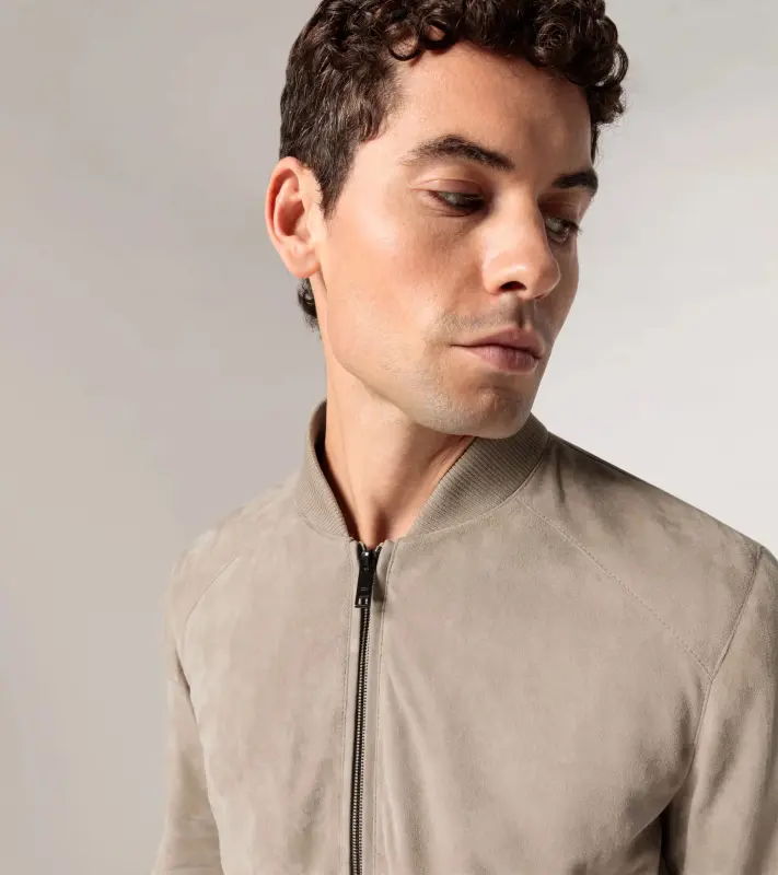 PORSCHE DESIGN Suede Leather Jacket Bunda kožená semišová klasického střihu s detaily z úpletu pískově béžová