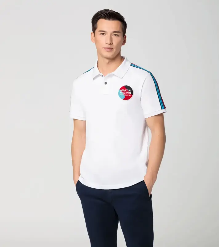 PORSCHE Polo Shirt MARTINI RACING® Polokošile Tričko s límečkem a knoflíky bílá s červenomodrými pruhy