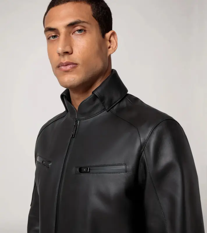 PORSCHE DESIGN Cabrio leather jacket Bunda kožená s odnímatelným límcem a ikonickou žakárovou podšívkou černá