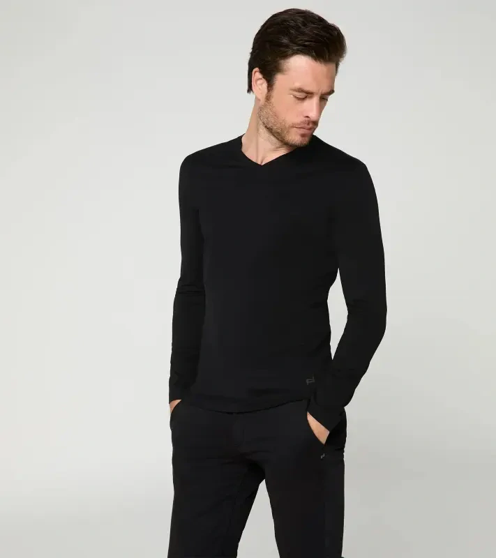 PORSCHE DESIGN Long-sleeve V-neck Shirt Tričko s dlouhým rukávem s výstřihem do V mírně elastické černá