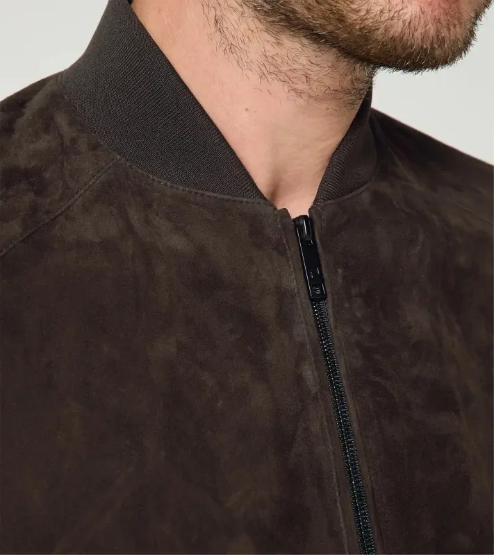 PORSCHE DESIGN Classic Leather Jacket Bunda kožená na zip s pleteným pasem a límcem tmavě hnědá