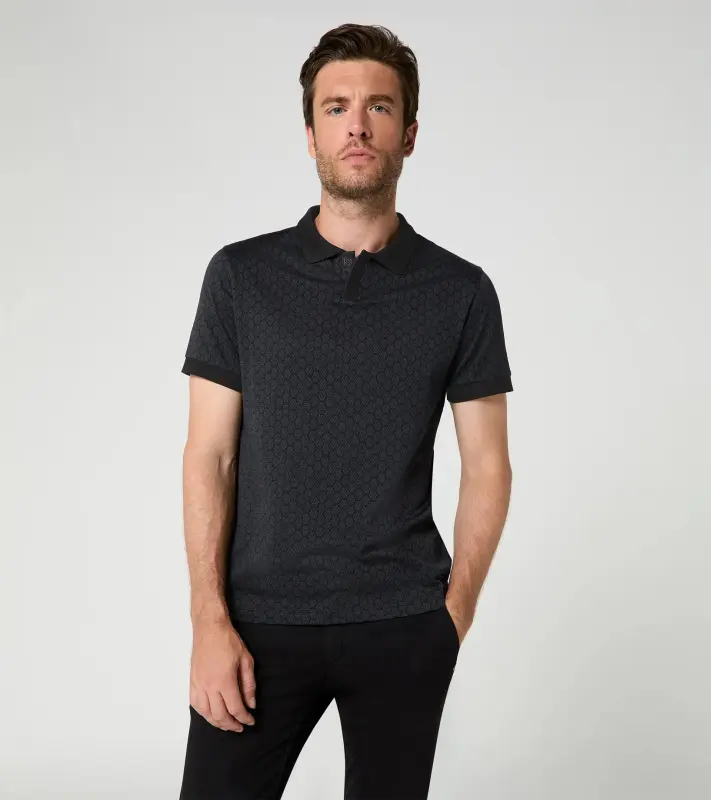 PORSCHE DESIGN Seasonal Polo T-shirt Tričko s límečkem žakárové bavlněné se speciální légou černé se vzorem