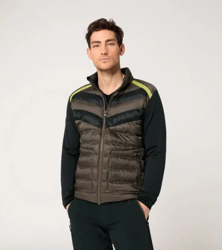 PORSCHE HEAD Midlayer Jacket Turbo Mikina střední vrstva sportovní lyžařská se stojáčkem hnědočerná se žlutými motivy a dvou materiálů