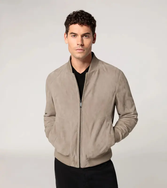 PORSCHE DESIGN Suede Leather Jacket Bunda kožená semišová klasického střihu s detaily z úpletu pískově béžová