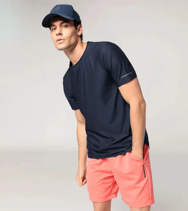 PORSCHE DESIGN Hexagon T-shirt Tričko volnočasové sportovní s kulatým výstřihem logem a šestihranným vzorem tmavě modrá