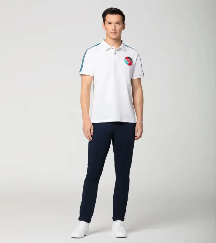 PORSCHE Polo Shirt MARTINI RACING® Polokošile Tričko s límečkem a knoflíky bílá s červenomodrými pruhy