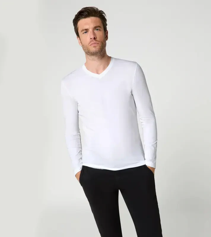 PORSCHE DESIGN Long-sleeve V-neck Shirt Tričko s dlouhým rukávem s výstřihem do V mírně elastické bílá