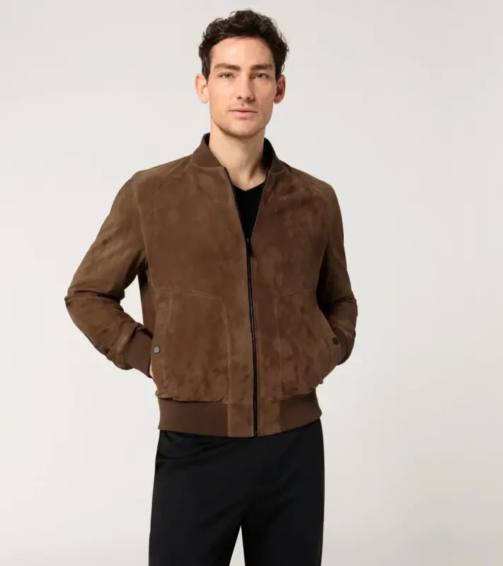 PORSCHE DESIGN Goat suede leather jacket Bunda kožená klasického střihu s detaiily z úpletu koňaková hnědá