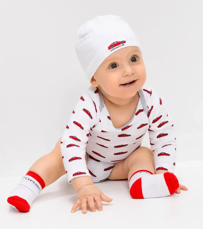 PORSCHE Baby romper set Essential Set pro miminko dupačky čepička ponožky v kufříku bílá s potiskem
