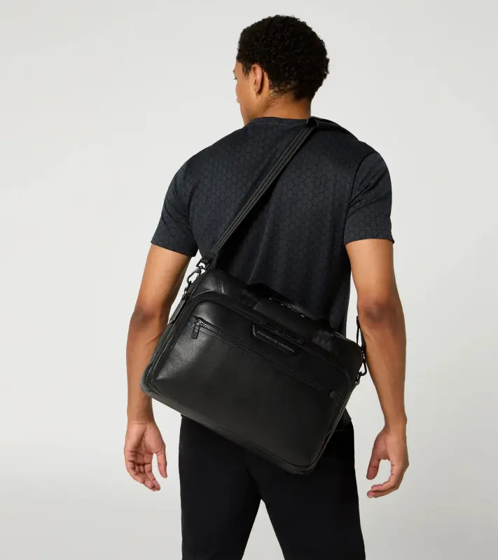 PORSCHE DESIGN Roadster Leather Briefcase Taška aktovka přes rameno kožená s přihrádkou na notebook 15.6" s vnitřním organizérem černá