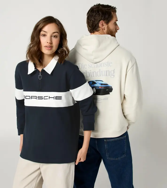 PORSCHE Unisex Retro Rugby Shirt Fan Community Svetr s límečkem a krátkým zipem ve stylu devadesátek tmavě modrá