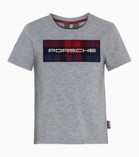 PORSCHE Kids T-shirt Turbo No. 1 Tričko s kulatým výstřihem dětské šedá s kostkovanými detaily
