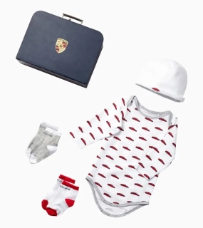 PORSCHE Baby romper set Essential Set pro miminko dupačky čepička ponožky v kufříku bílá s potiskem
